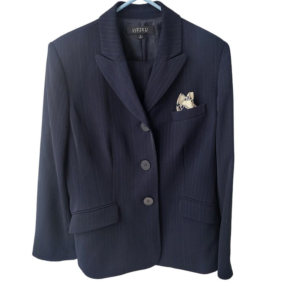 Vintage Navy Blue Kasper Metallic Pinstripe Blazer and Pant Suit - Size 16
